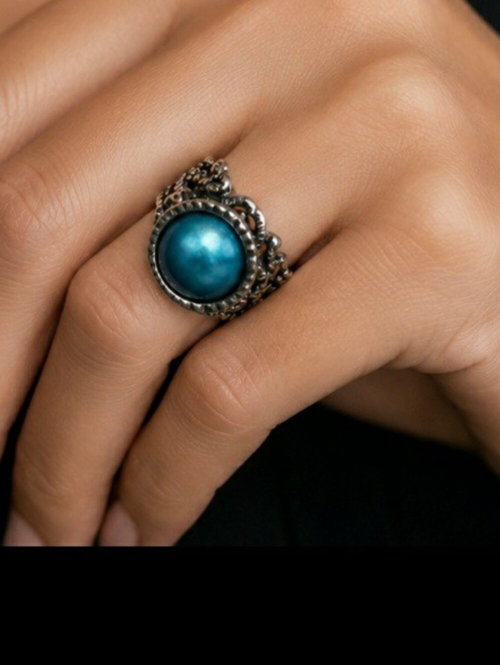 Sterling Silver Israel 925 Dyed Blue Cultured Pearl Ring